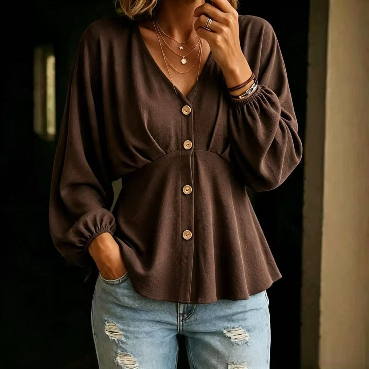 Draped Lantern-Sleeve Long-Sleeve Shirt - Soft and Versatile