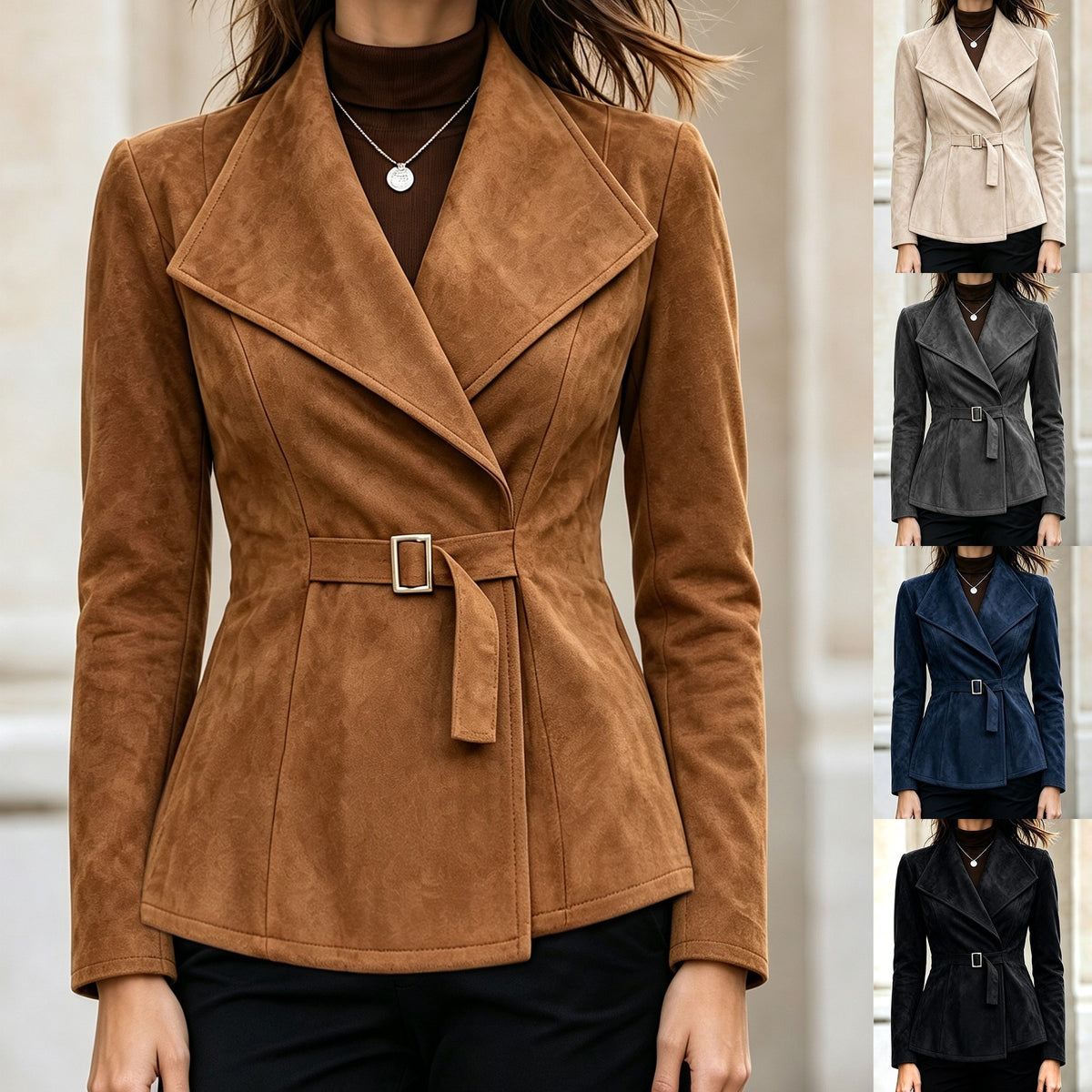 Women’s Faux Suede Lapel Coat – Elegant Long Sleeve Outerwear