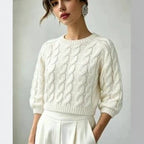 Milky-White Chunky-Knit Short-Sleeve Sweater - Soft and Cozy
