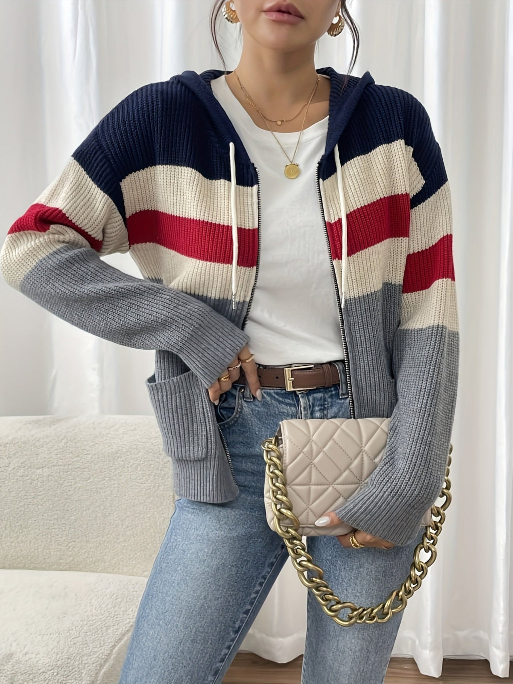 Women’s Color Block Hooded Zip Cardigan – Cozy Casual Layer