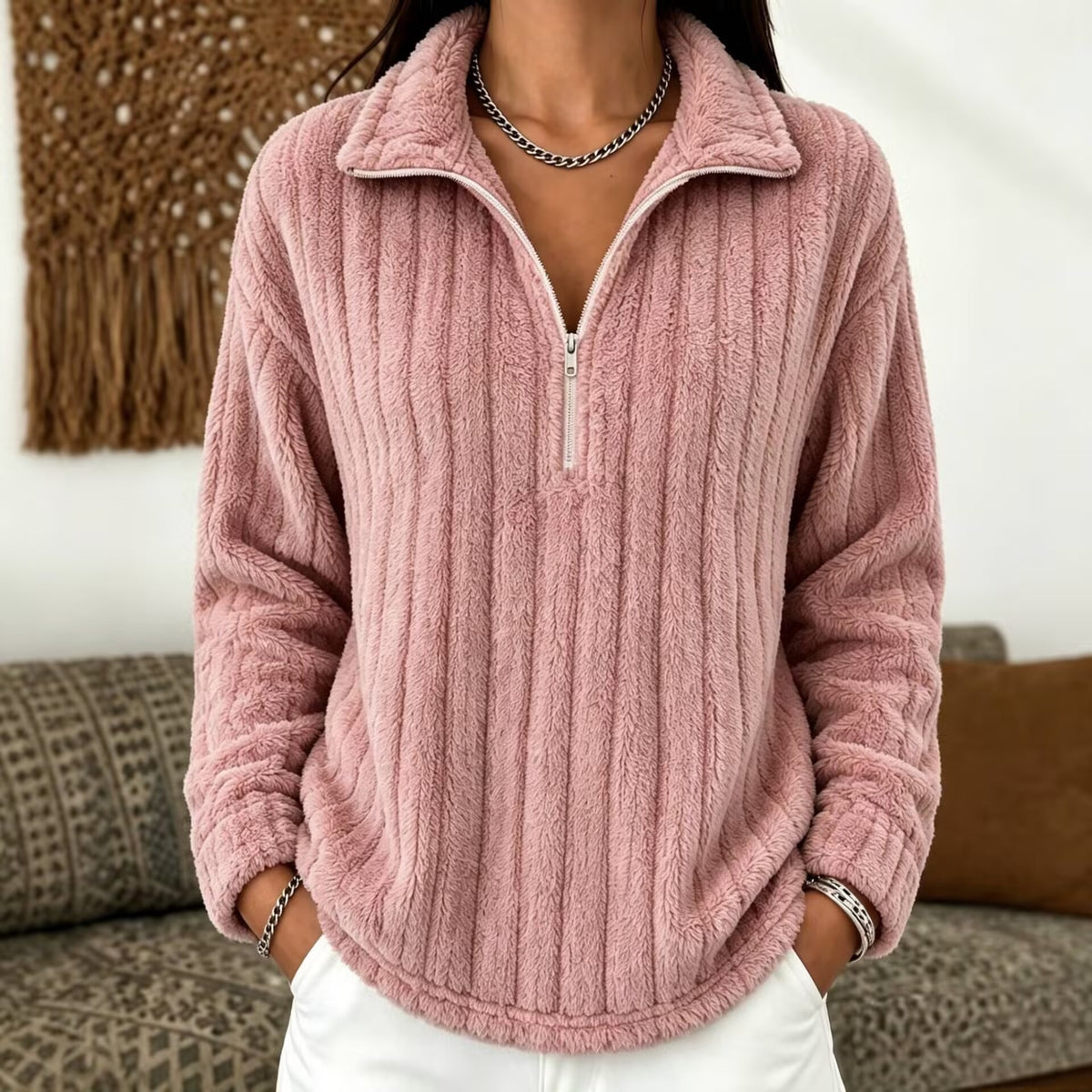 Women’s Ribbed Zip-Collar Sweater - Warm and Comfortable