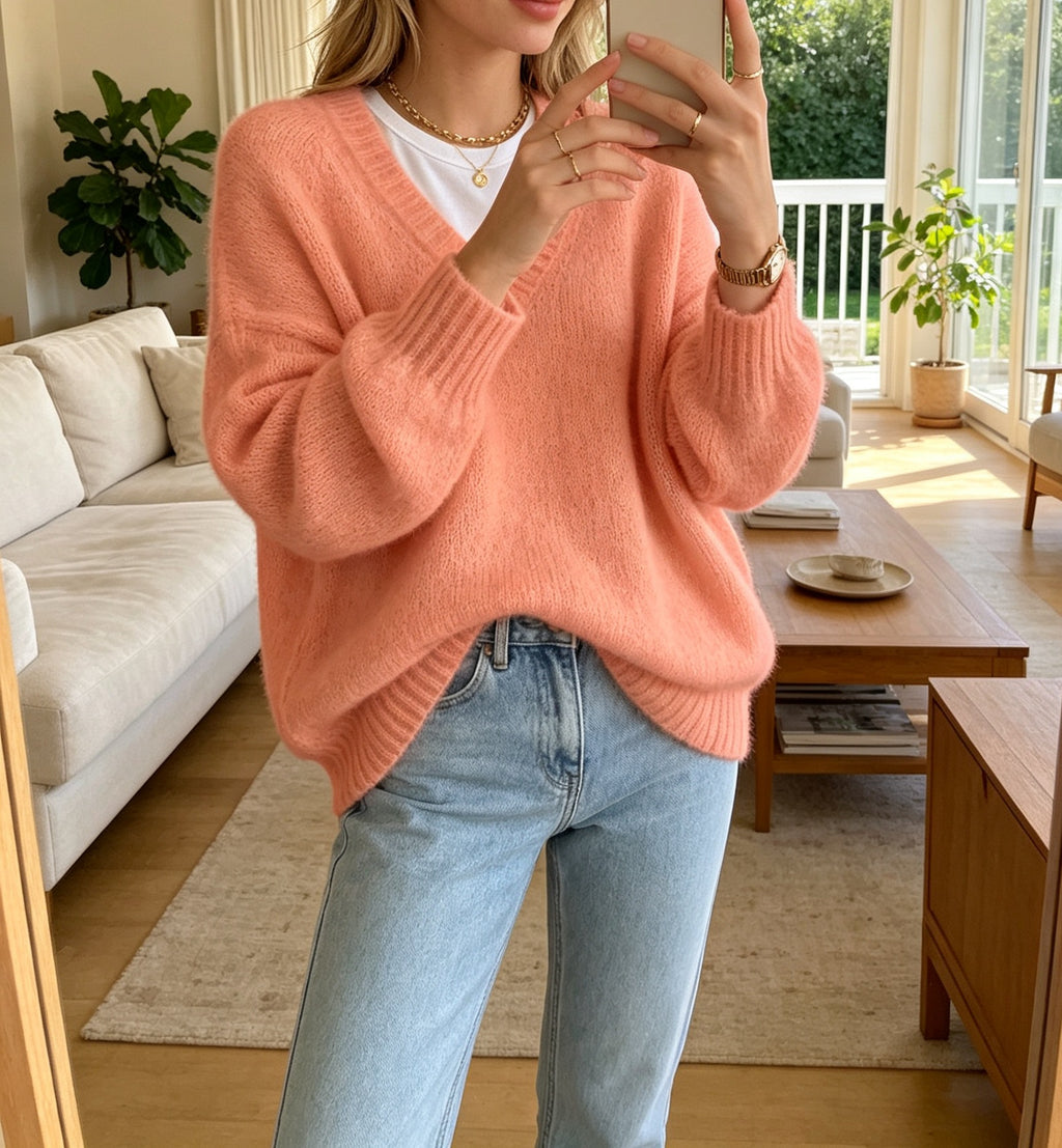 Loose V-Neck Knit Sweater - Soft and Relaxed