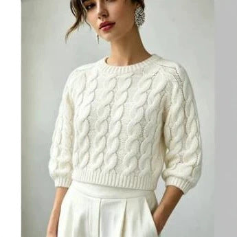 Milky-White Chunky-Knit Short-Sleeve Sweater - Soft and Cozy