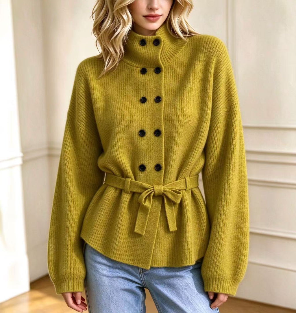 Women’s Double-Breasted Knit Coat – Elegant Long Sleeve Outerwear