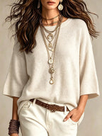 Women's Relaxed Sweater - Wide Sleeves and Crew Neck