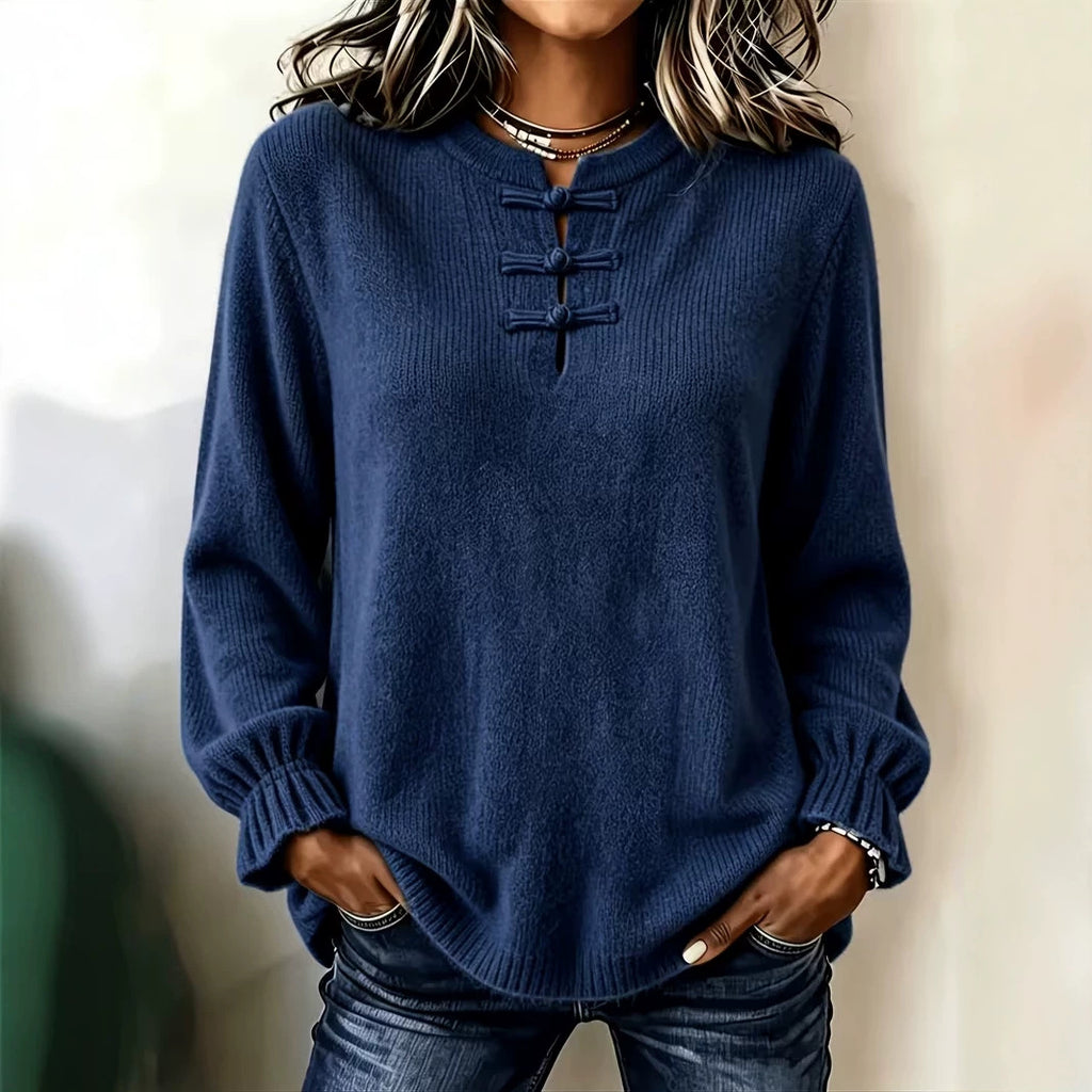 Women's Knitted Shirt - Stand Collar and Relaxed Fit