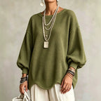 Women's Top - Round Neck, Lantern Sleeves and Wavy Hem
