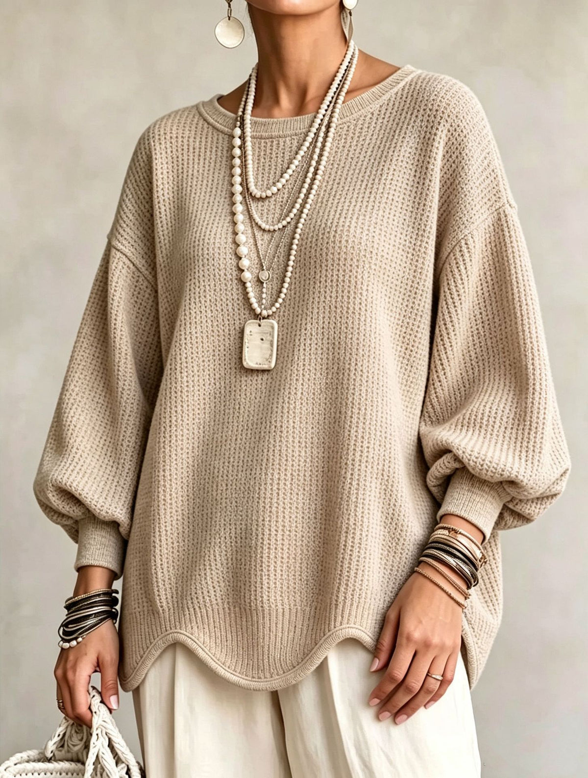 Women's Top - Round Neck, Lantern Sleeves and Wavy Hem