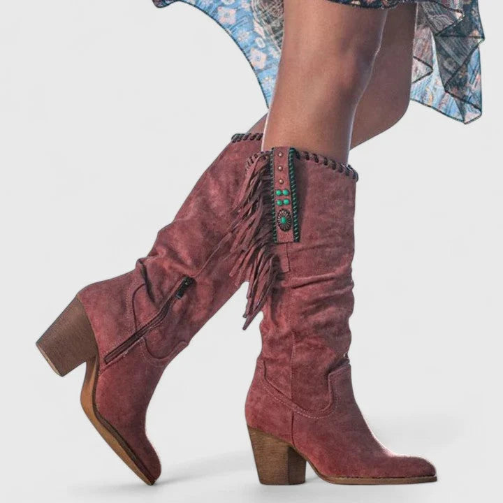 Brown Suede Knee High Boots for Women with Fringe and Beaded Trim 0