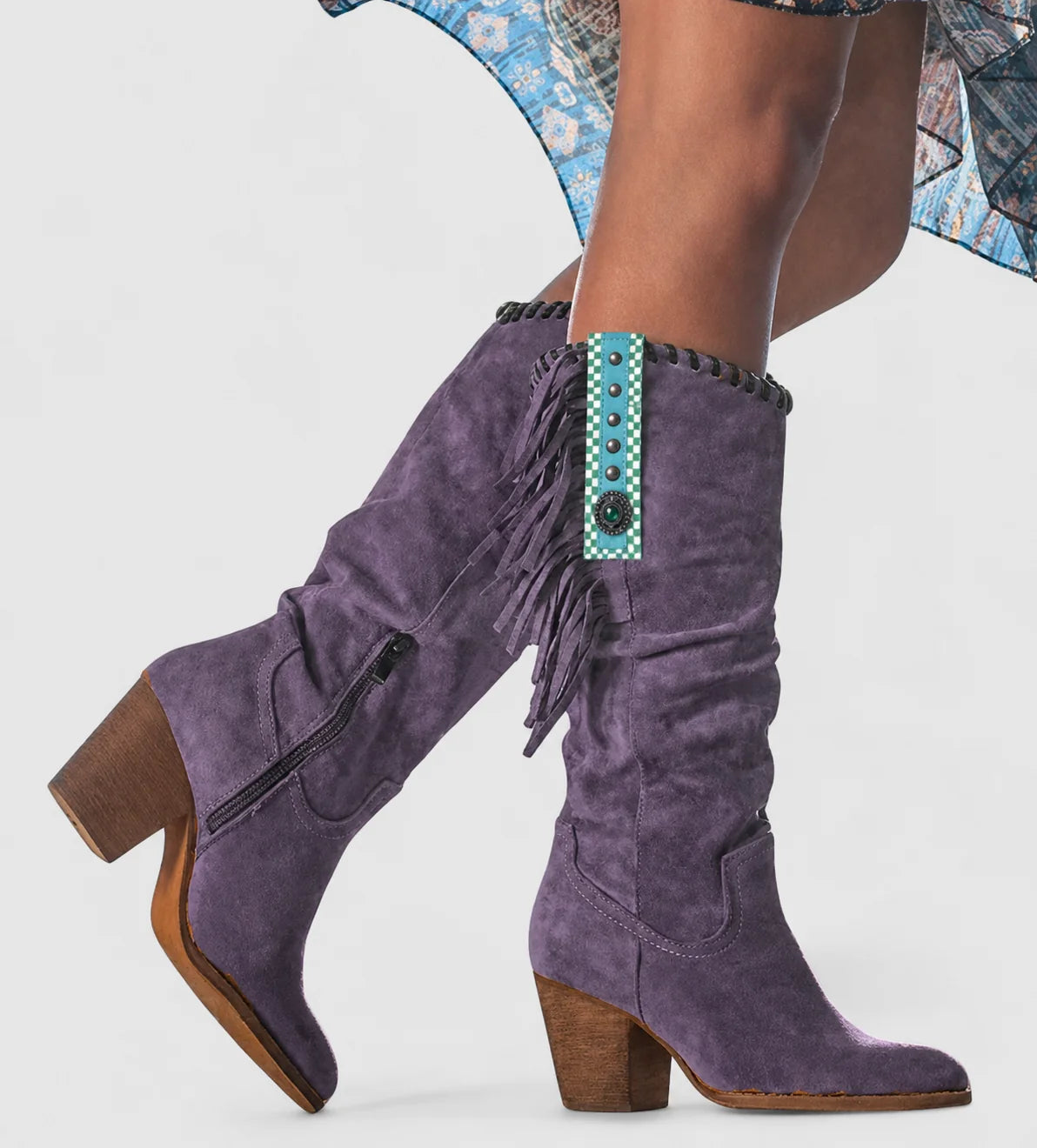 Brown Suede Knee High Boots for Women with Fringe and Beaded Trim 1