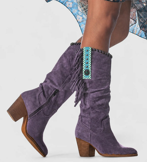Brown Suede Knee High Boots for Women with Fringe and Beaded Trim 1