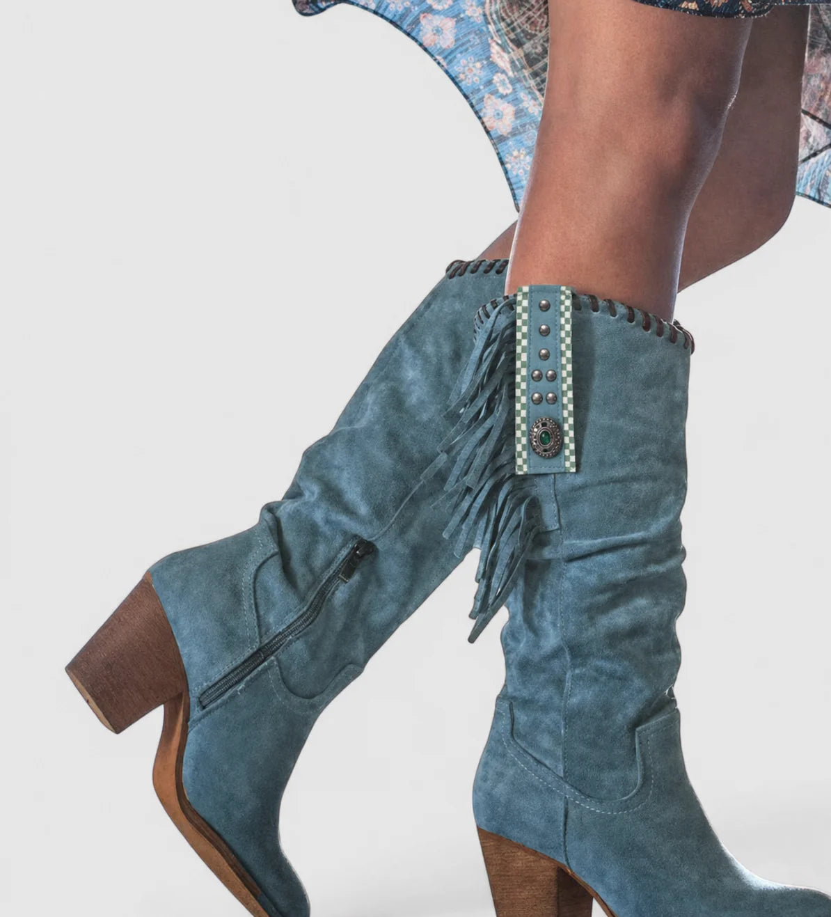 Brown Suede Knee High Boots for Women with Fringe and Beaded Trim 2