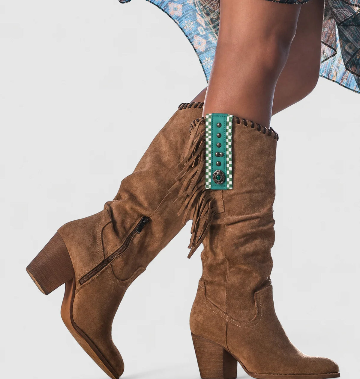 Brown Suede Knee High Boots for Women with Fringe and Beaded Trim 3