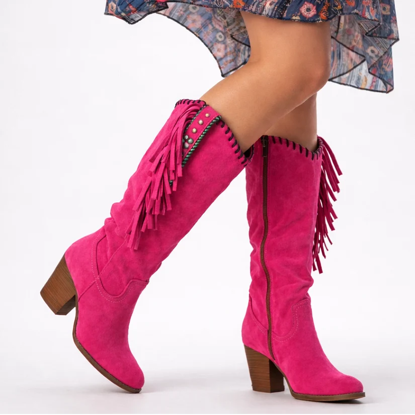 Brown Suede Knee High Boots for Women with Fringe and Beaded Trim 4