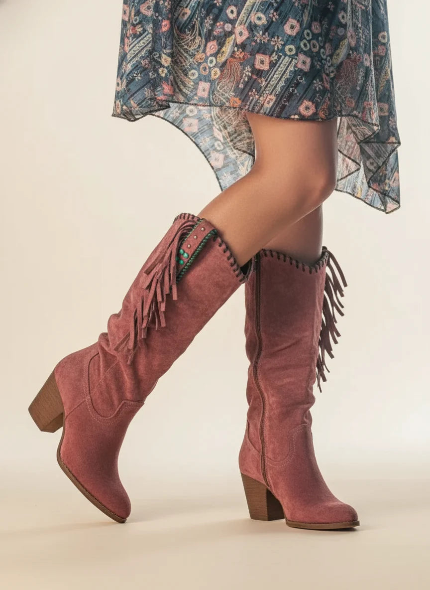 Brown Suede Knee High Boots for Women with Fringe and Beaded Trim 5
