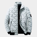 Chevron quilted bomber jacket featuring lightweight padding, perfect for stylish warmth and comfort in chilly weather. 0