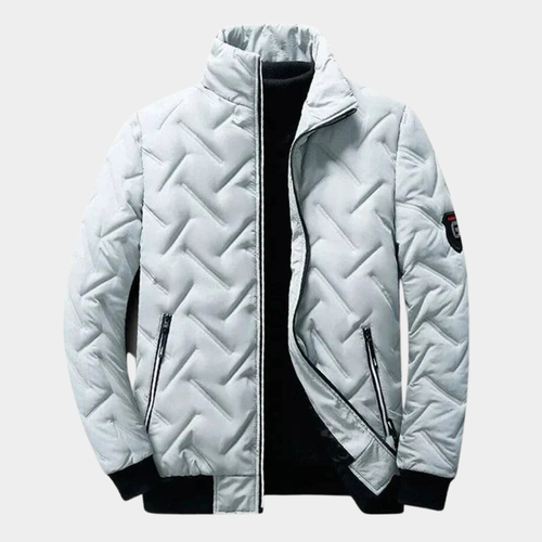 Chevron quilted bomber jacket featuring lightweight padding, perfect for stylish warmth and comfort in chilly weather. 0