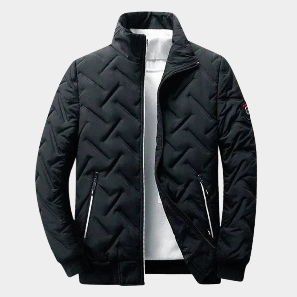 Chevron quilted bomber jacket featuring lightweight padding, perfect for stylish warmth and comfort in chilly weather. 1