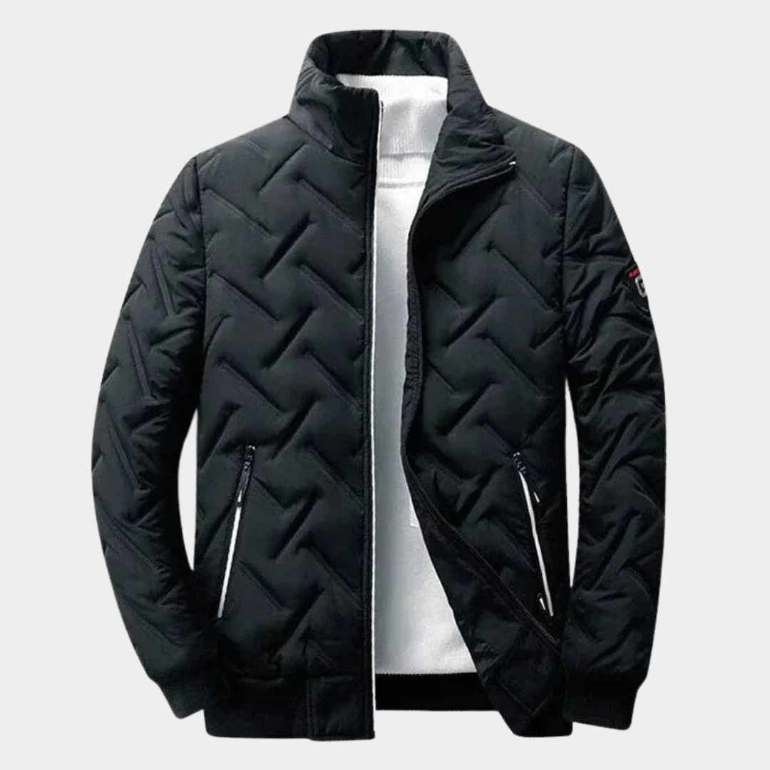 Chevron quilted bomber jacket featuring lightweight padding, perfect for stylish warmth and comfort in chilly weather. 1