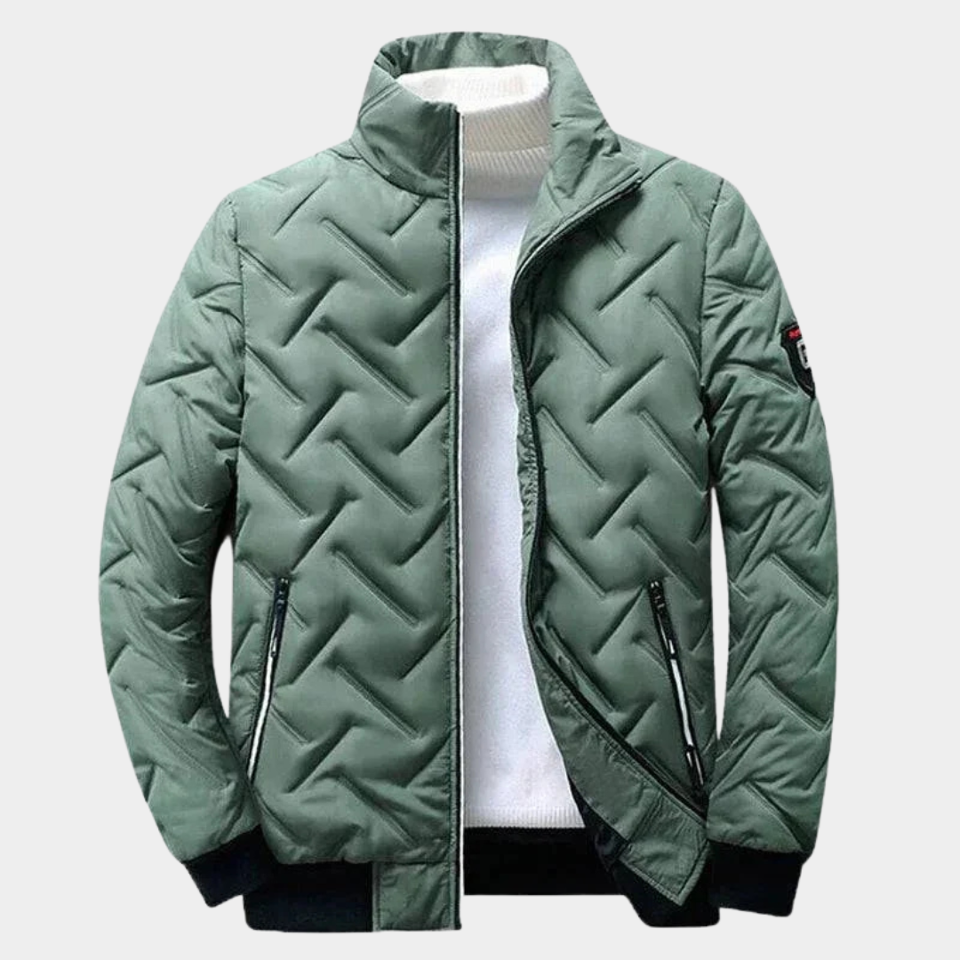 Chevron quilted bomber jacket featuring lightweight padding, perfect for stylish warmth and comfort in chilly weather. 3