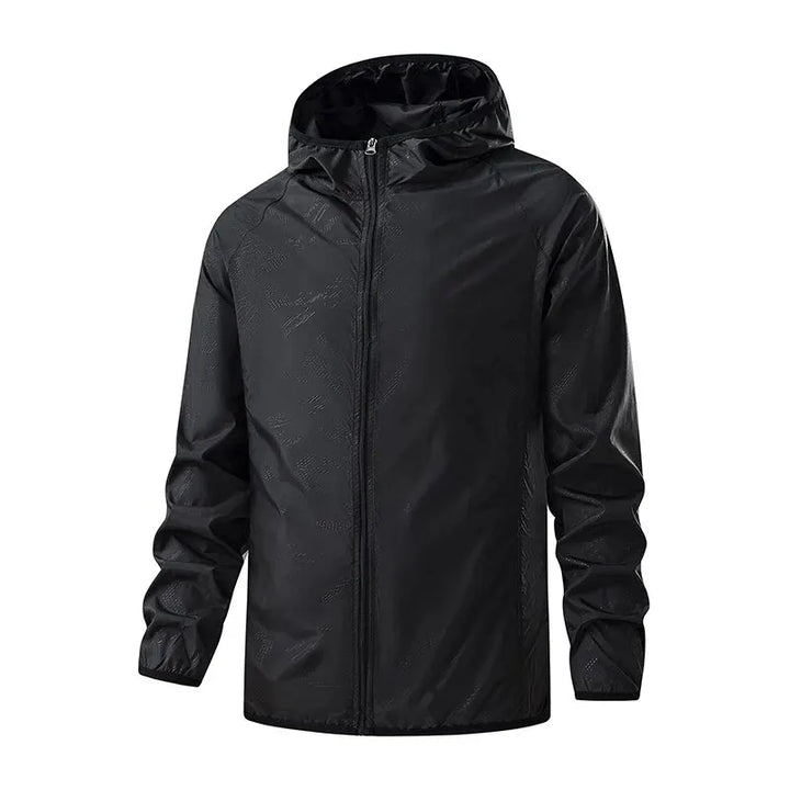 Lightweight packable water-repellent rain jacket featuring UPF protection, ideal for outdoor activities and travel, shown in a vibrant color with adjustable hood 0