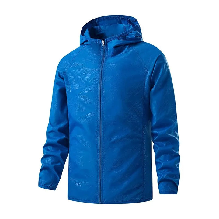 Lightweight packable water-repellent rain jacket featuring UPF protection, ideal for outdoor activities and travel, shown in a vibrant color with adjustable hood 1