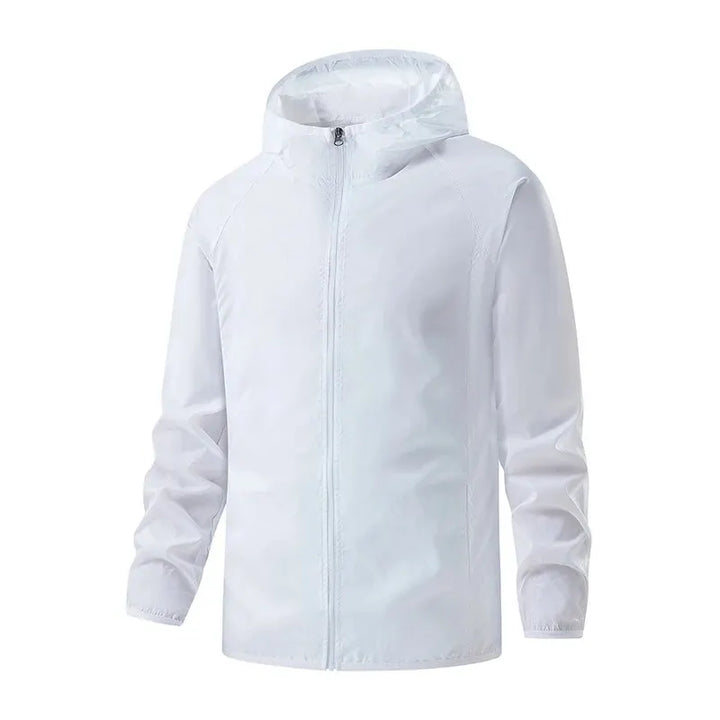 Lightweight packable water-repellent rain jacket featuring UPF protection, ideal for outdoor activities and travel, shown in a vibrant color with adjustable hood 2