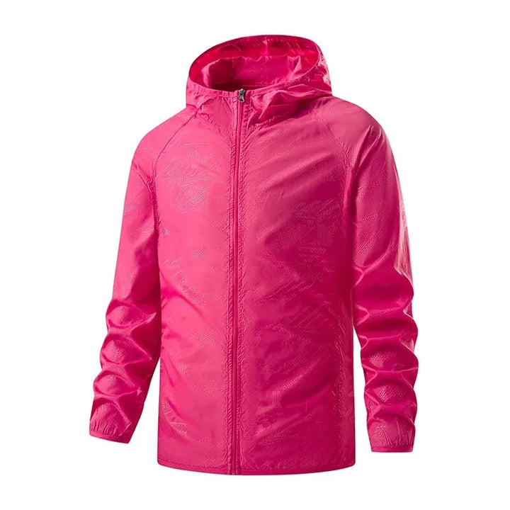 Lightweight packable water-repellent rain jacket featuring UPF protection, ideal for outdoor activities and travel, shown in a vibrant color with adjustable hood 8