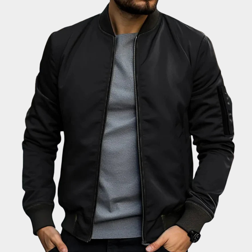 Lightweight zip-up bomber jacket for men featuring a streamlined fit, perfect for casual wear and versatile layering in any season. 0