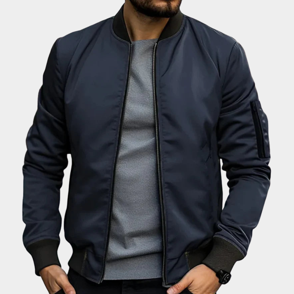 Lightweight zip-up bomber jacket for men featuring a streamlined fit, perfect for casual wear and versatile layering in any season. 1