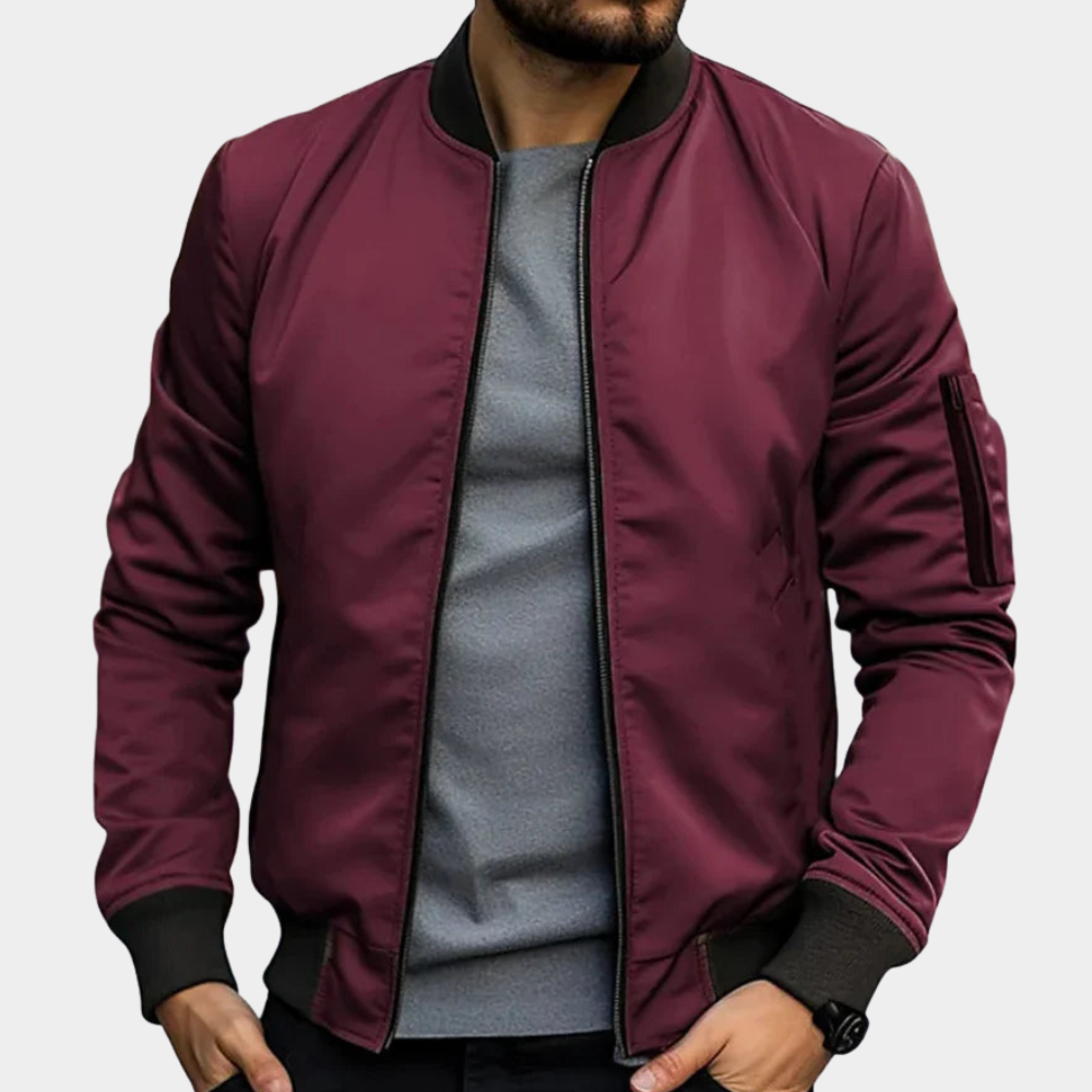 Lightweight zip-up bomber jacket for men featuring a streamlined fit, perfect for casual wear and versatile layering in any season. 3