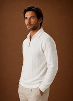 Men's Cable Knit Quarter Zip Sweater with Structured Collar 1