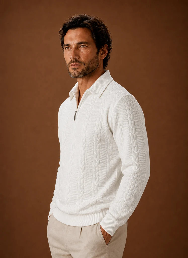 Men's Cable Knit Quarter Zip Sweater with Structured Collar 1