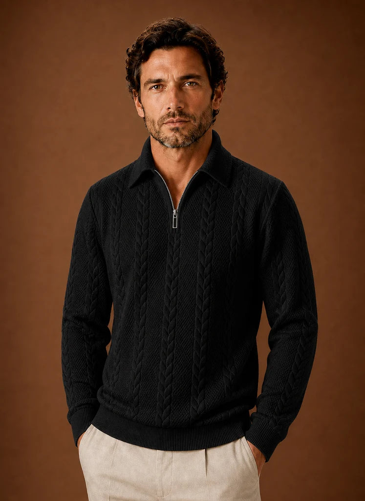 Men's Cable Knit Quarter Zip Sweater with Structured Collar 4