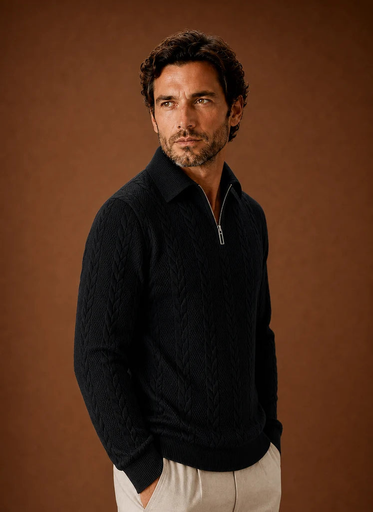 Men's Cable Knit Quarter Zip Sweater with Structured Collar 5