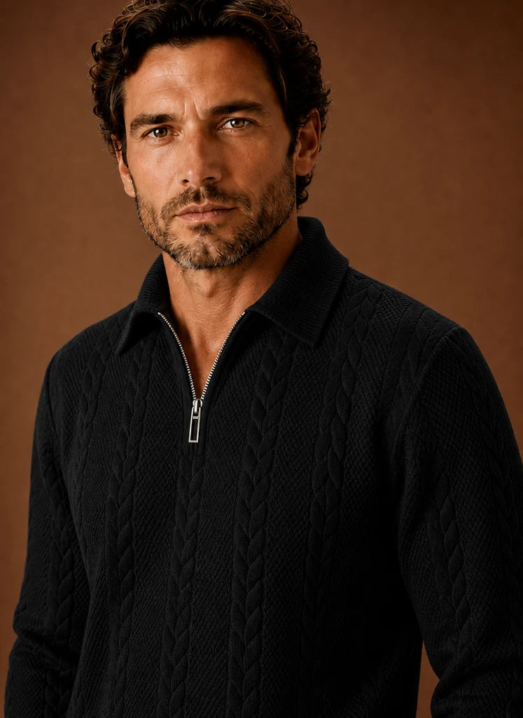 Men's Cable Knit Quarter Zip Sweater with Structured Collar 6