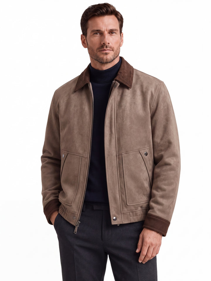 Men's casual zip-up jacket featuring a stylish contrast collar and a soft suede-style finish, perfect for everyday wear. 0