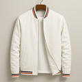Men's cotton blend zip-up jacket featuring ribbed stripe trim, perfect for casual wear and stylish layering. 0
