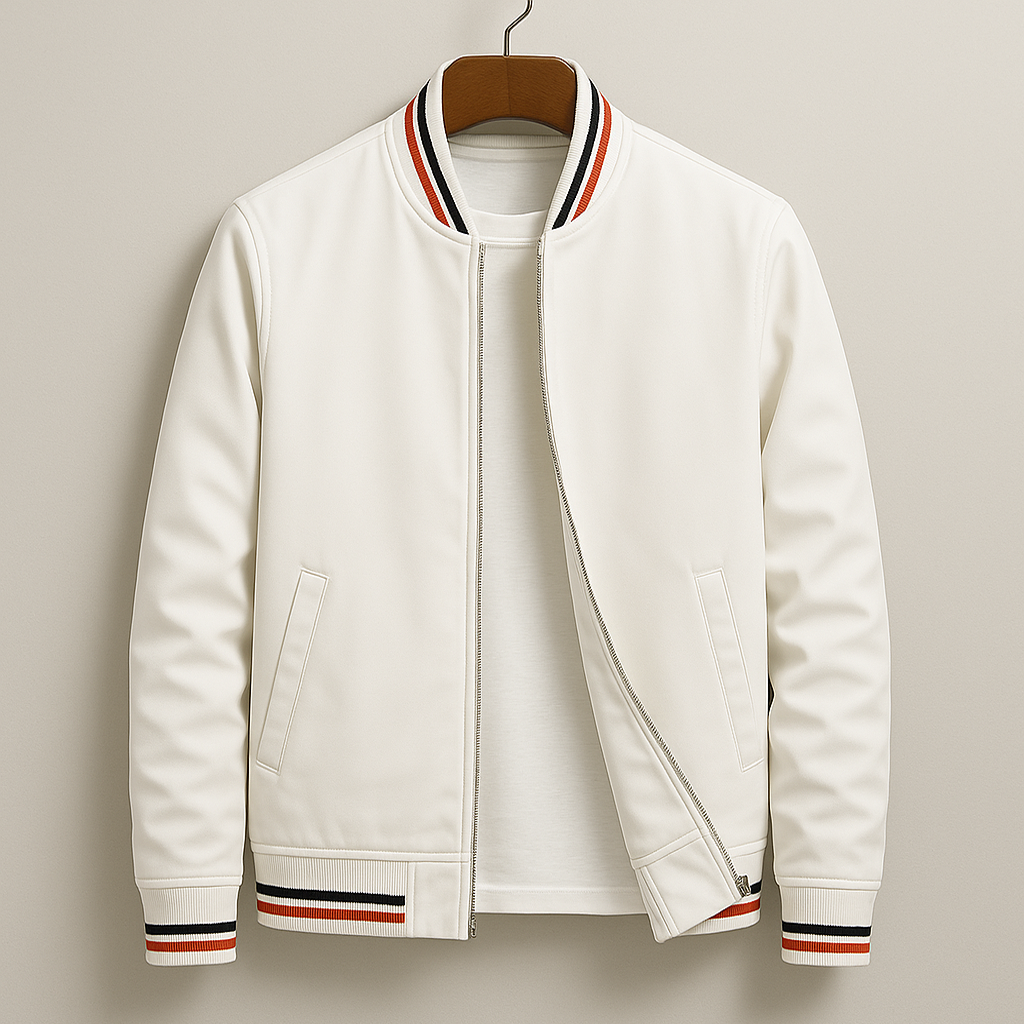 Men's cotton blend zip-up jacket featuring ribbed stripe trim, perfect for casual wear and stylish layering. 0