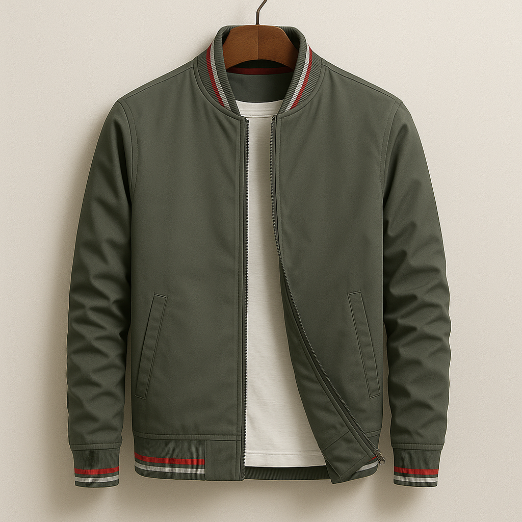 Men's cotton blend zip-up jacket featuring ribbed stripe trim, perfect for casual wear and stylish layering. 1