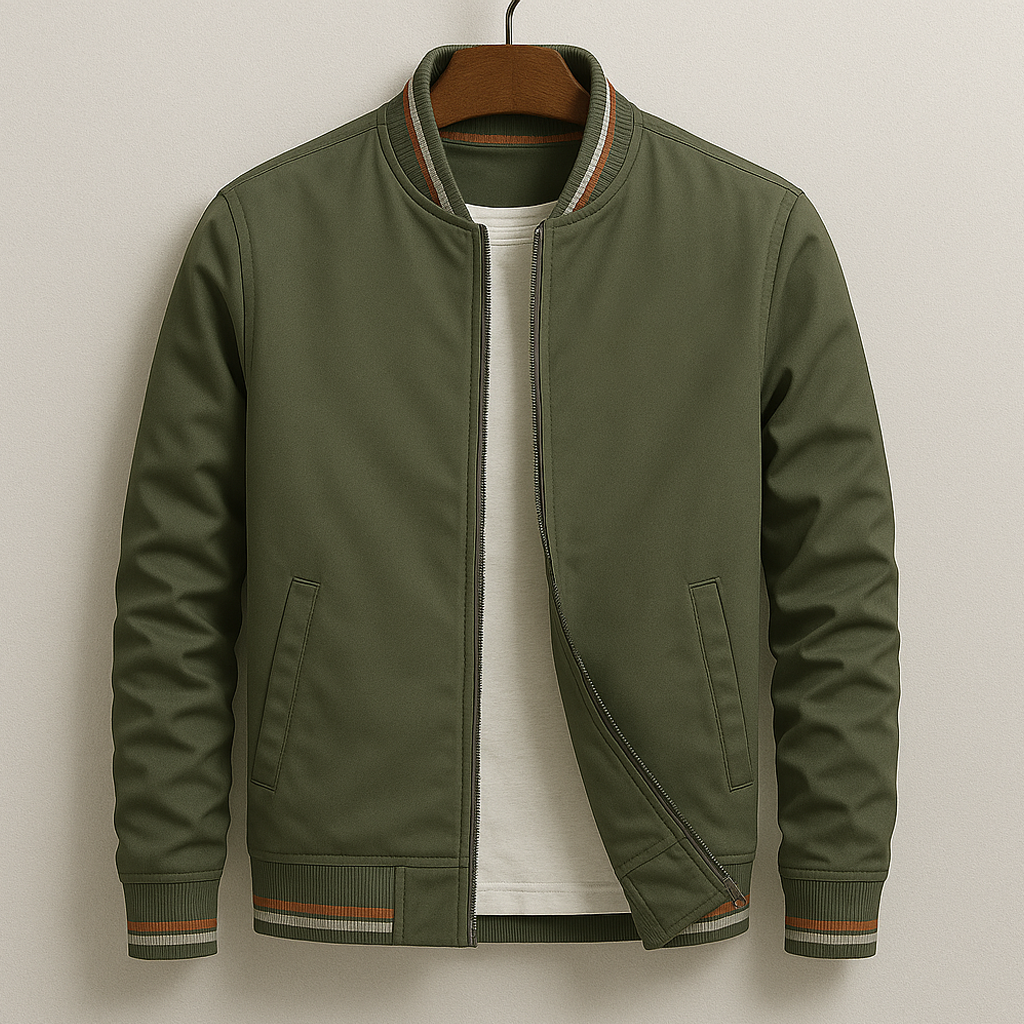 Men's cotton blend zip-up jacket featuring ribbed stripe trim, perfect for casual wear and stylish layering. 2