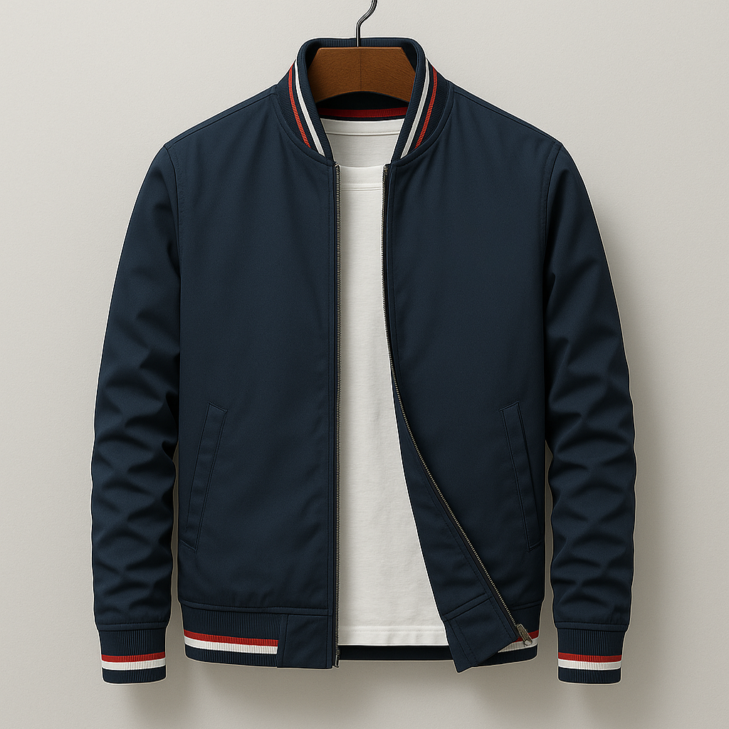 Men's cotton blend zip-up jacket featuring ribbed stripe trim, perfect for casual wear and stylish layering. 3