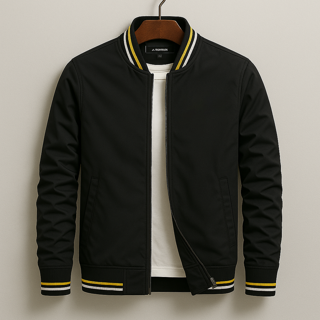 Men's cotton blend zip-up jacket featuring ribbed stripe trim, perfect for casual wear and stylish layering. 4