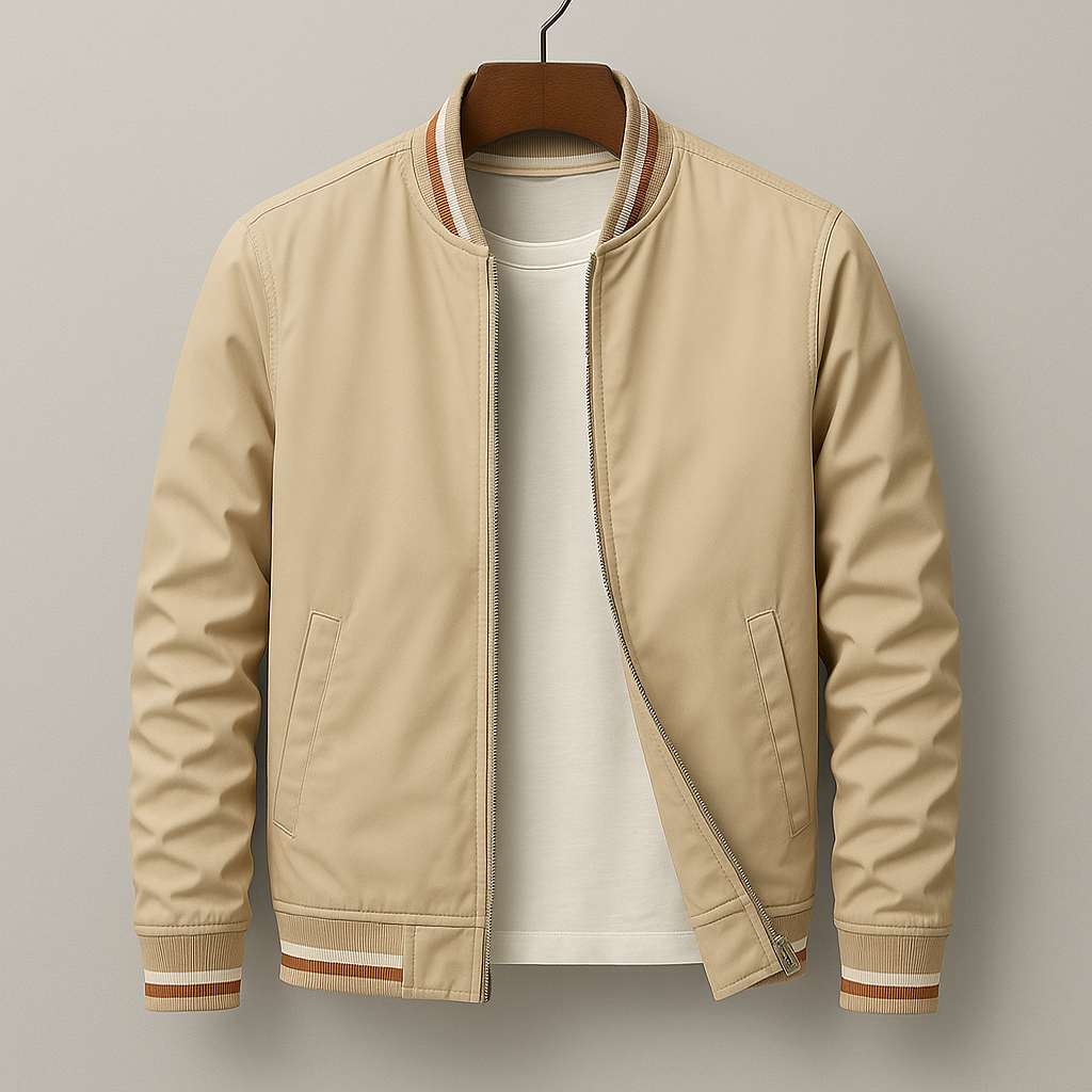 Men's cotton blend zip-up jacket featuring ribbed stripe trim, perfect for casual wear and stylish layering. 5