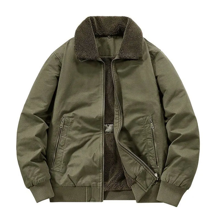 Men's cotton bomber jacket featuring a cozy sherpa lining and insulated collar, perfect for stylish warmth in cooler weather. 0