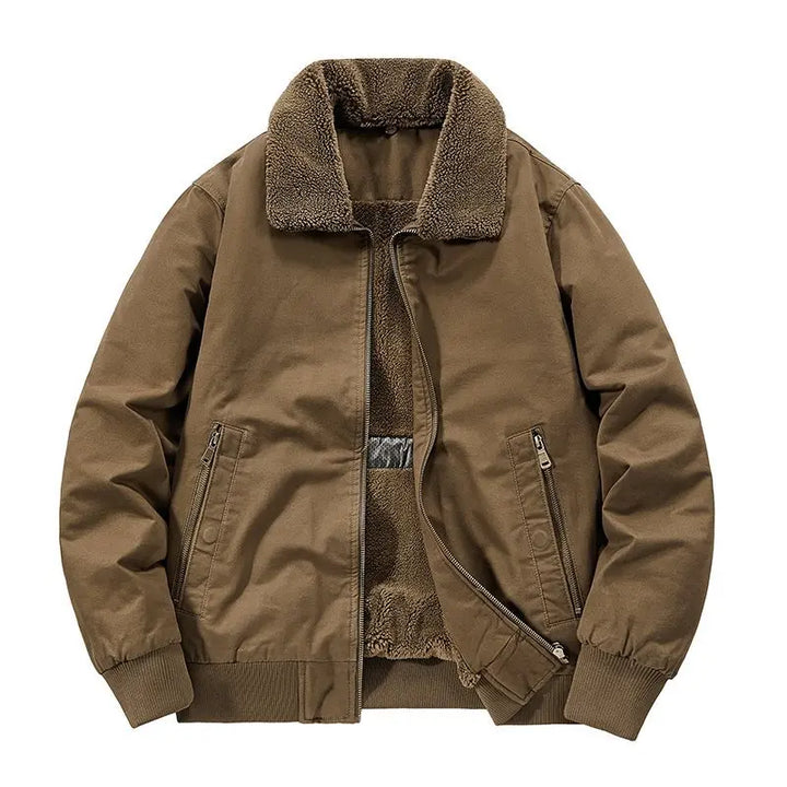 Men's cotton bomber jacket featuring a cozy sherpa lining and insulated collar, perfect for stylish warmth in cooler weather. 1