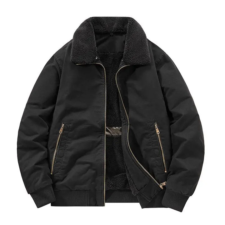 Men's cotton bomber jacket featuring a cozy sherpa lining and insulated collar, perfect for stylish warmth in cooler weather. 2