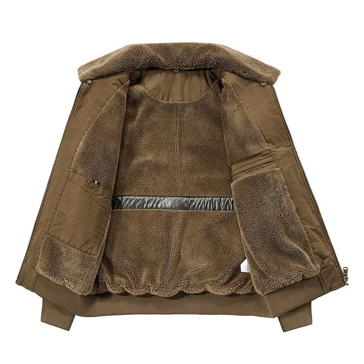 Men's cotton bomber jacket featuring a cozy sherpa lining and insulated collar, perfect for stylish warmth in cooler weather. 3