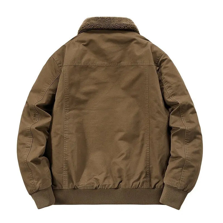 Men's cotton bomber jacket featuring a cozy sherpa lining and insulated collar, perfect for stylish warmth in cooler weather. 4
