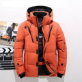 Men's down-filled hooded winter jacket featuring adjustable cuffs for a customizable fit, perfect for cold weather protection and style. 0